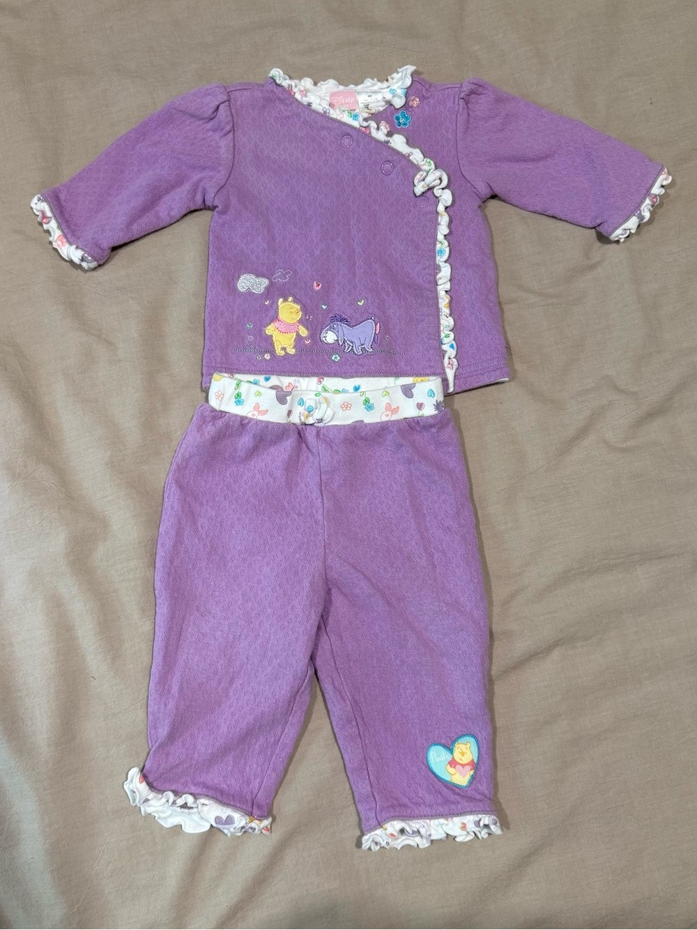 Vintage Disney Winnie The Pooh Baby Girl Set Purple Butterfly Floral Frill 3M